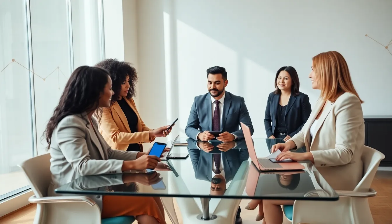 diverse professionals discussing P2P payment apps in a modern office.