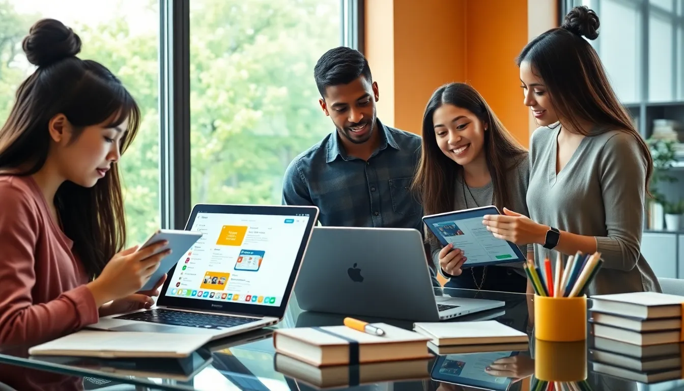 diverse college students using productivity apps in a modern study setting.