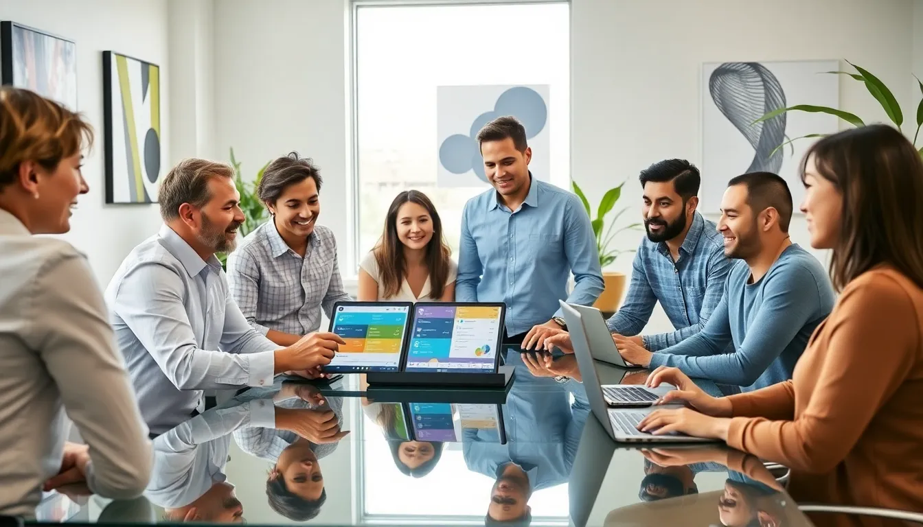 diverse team collaborating on a low-code automation platform in a modern office.