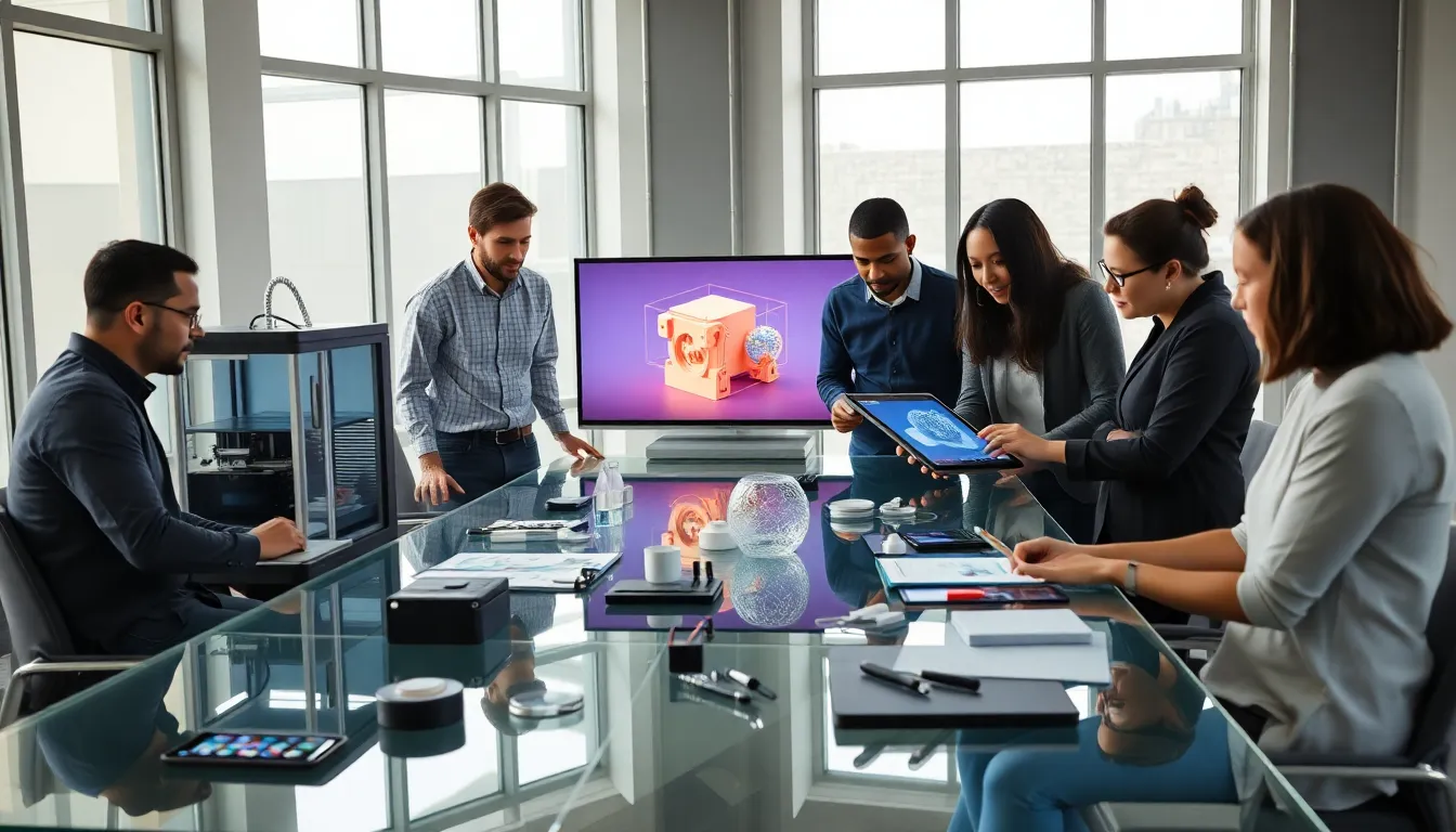 professionals collaborating on 3D printing in a modern workspace.