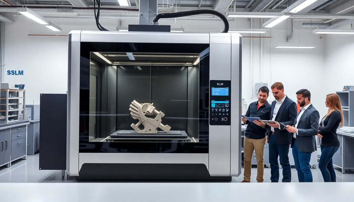 Engineers observing an SLM 3D printer in a modern workspace.